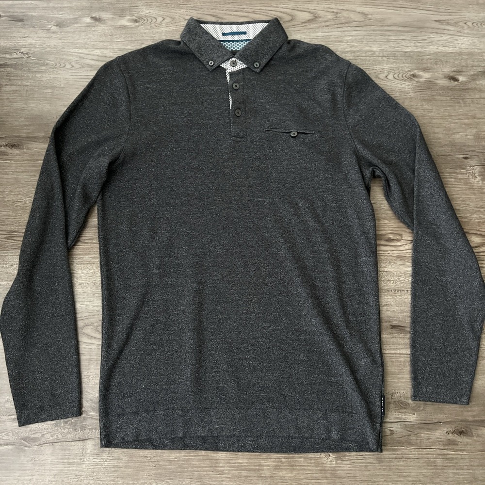 Ted Baker Long Sleeve Polo Shirt Mens 3/M Charcoal Gray Regular Smart Casual